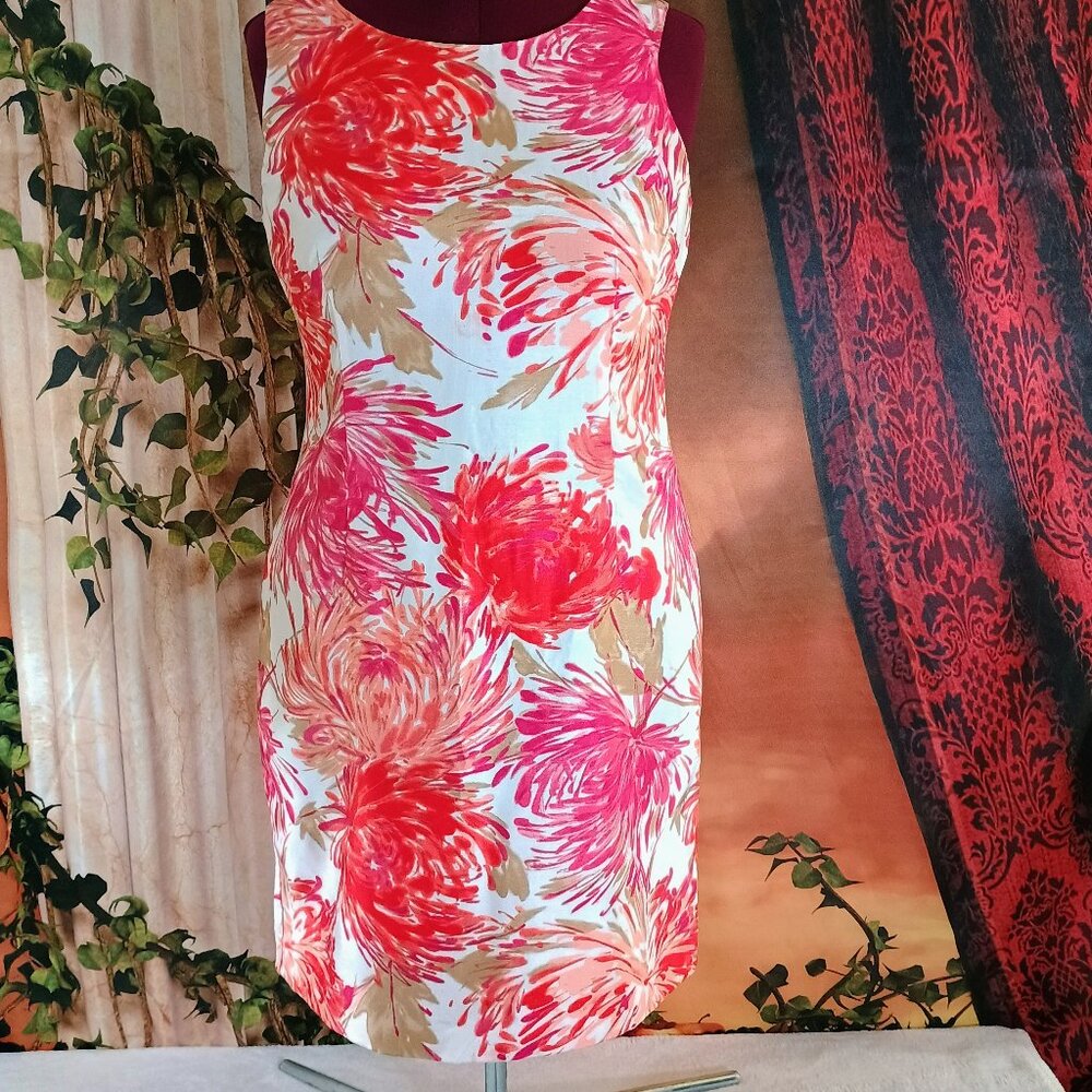 EUC Studio One Sz 12P Pink & Orange Floral Career Or Wedding Guest Sheath Dress